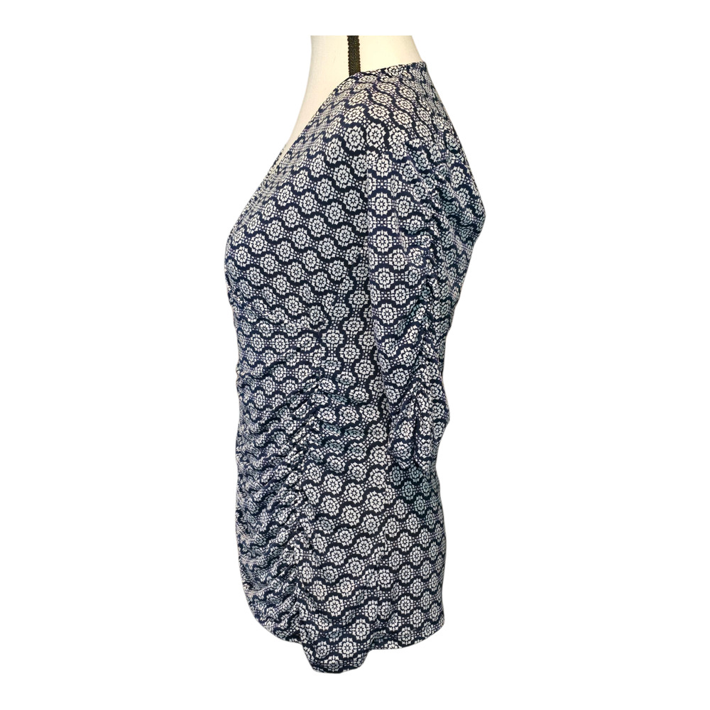 Grayson Top Womens LP Navy White Geometric Print 3/4 Sleeve Ruched 3/4 Sleeve - Picture 2 of 12